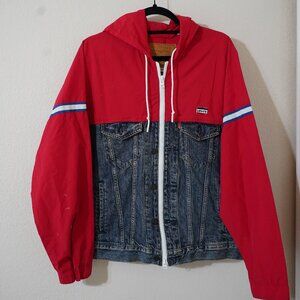 LEVI'S Hybrid Denim & Red Windbreaker Parka Trucker Jacket Mens Sz small